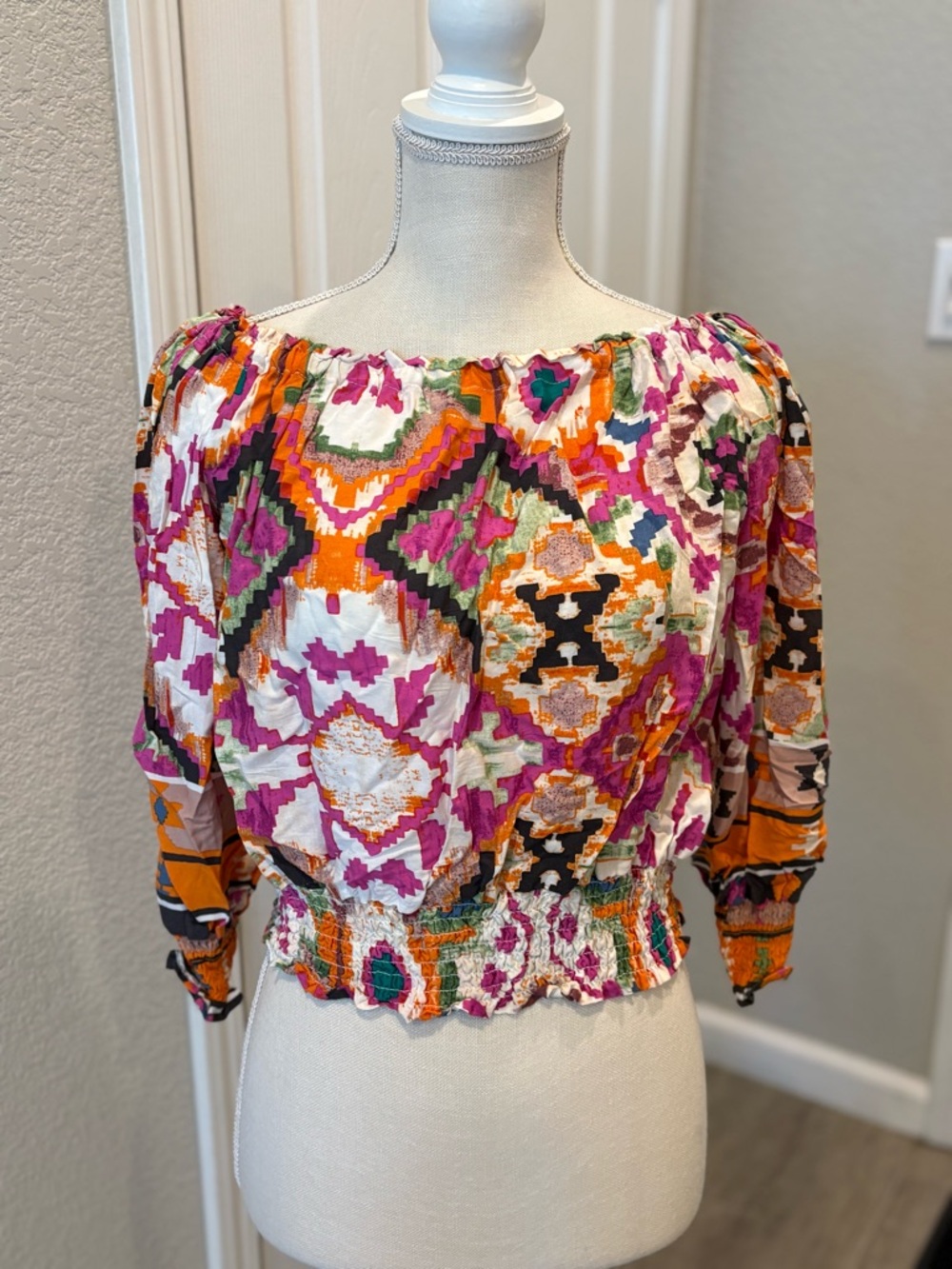 Christian Siriano Multicolor Boho Off-Shoulder Crop Top